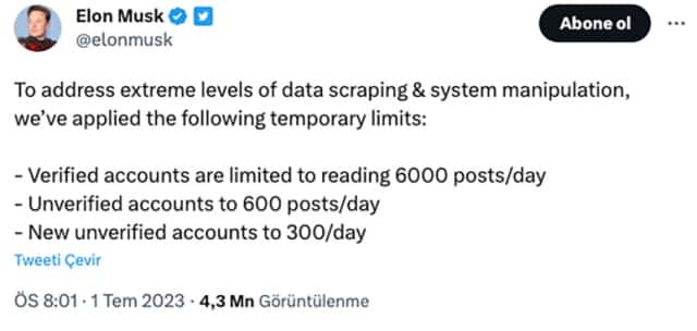 Elon Musk, Twitter Kullanımını Sınırlamaya Devam Ediyor