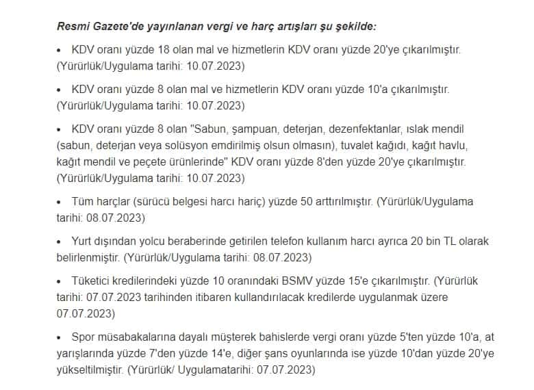 Resmi Gazete’de Yayımlanan KDV ve Harç Zamları 